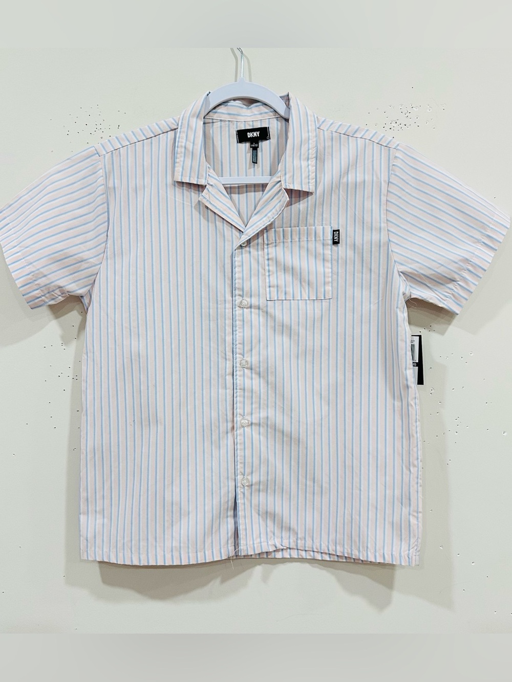 DKNY Boys Striped Short Sleeve Button Down Camp Shirt XL 14/16 Pastel Multi NWT